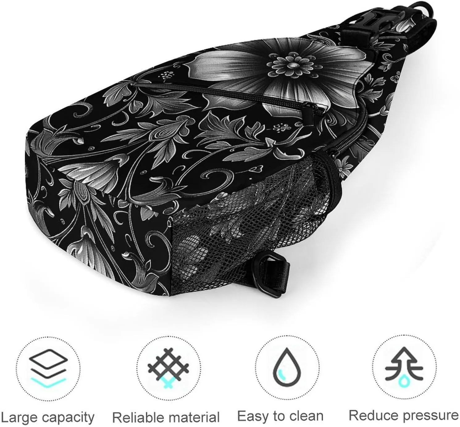 Sling Bag for Women Men Daypack Black Flower Pattern Chest Bag Crossbody Backpack for Hiking Travel, 38x20cm