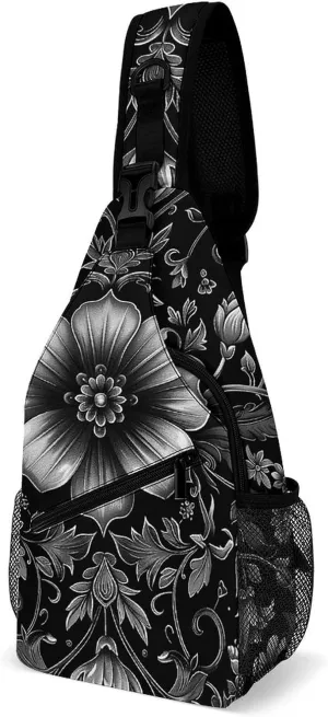 Sling Bag for Women Men Daypack Black Flower Pattern Chest Bag Crossbody Backpack for Hiking Travel, 38x20cm