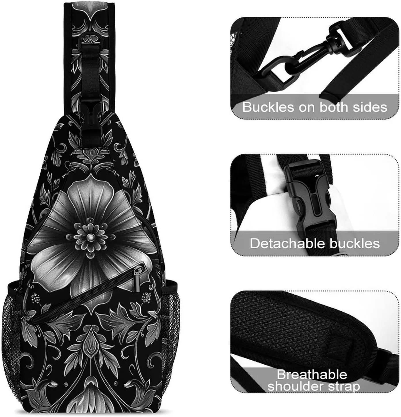 Sling Bag for Women Men Daypack Black Flower Pattern Chest Bag Crossbody Backpack for Hiking Travel, 38x20cm