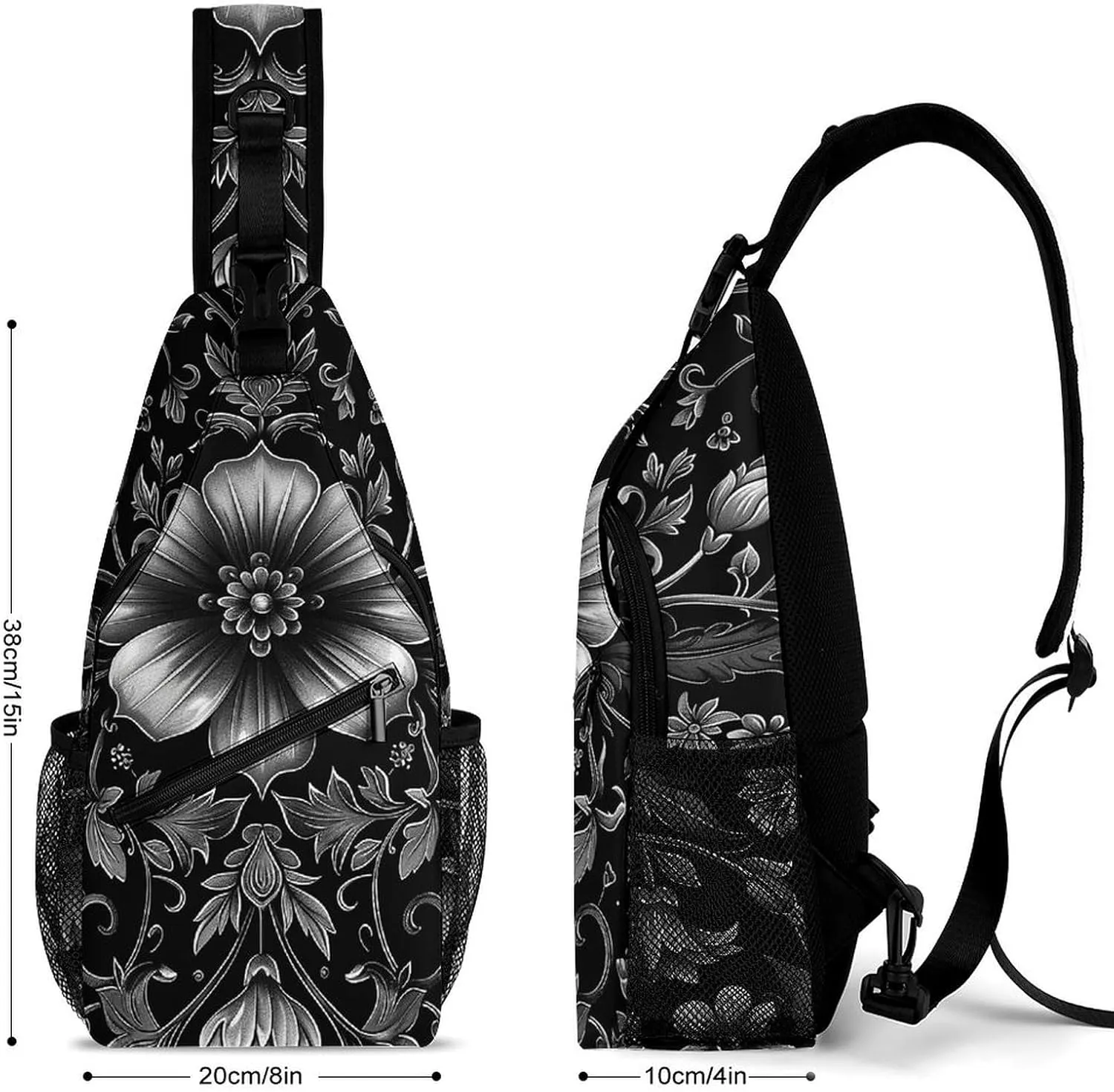 Sling Bag for Women Men Daypack Black Flower Pattern Chest Bag Crossbody Backpack for Hiking Travel, 38x20cm
