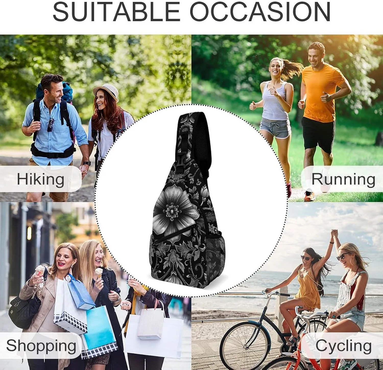 Sling Bag for Women Men Daypack Black Flower Pattern Chest Bag Crossbody Backpack for Hiking Travel, 38x20cm