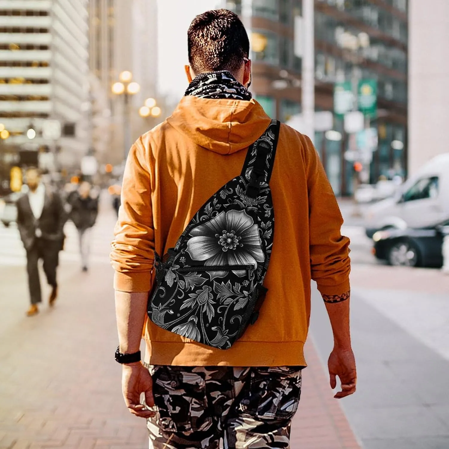 Sling Bag for Women Men Daypack Black Flower Pattern Chest Bag Crossbody Backpack for Hiking Travel, 38x20cm