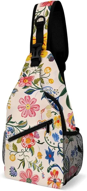 Sling Bag for Women Men Daypack Bright White Flowers Chest Bag Crossbody Backpack for Hiking Travel