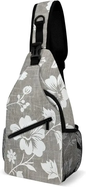 Sling Bag for Women Men Daypack Gray Linen Print Chest Bag Crossbody Backpack for Hiking Travel