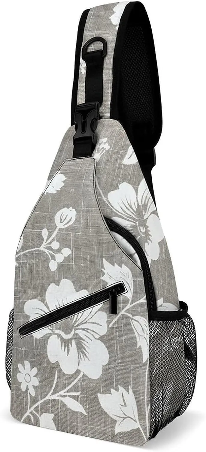 Sling Bag for Women Men Daypack Gray Linen Print Chest Bag Crossbody Backpack for Hiking Travel