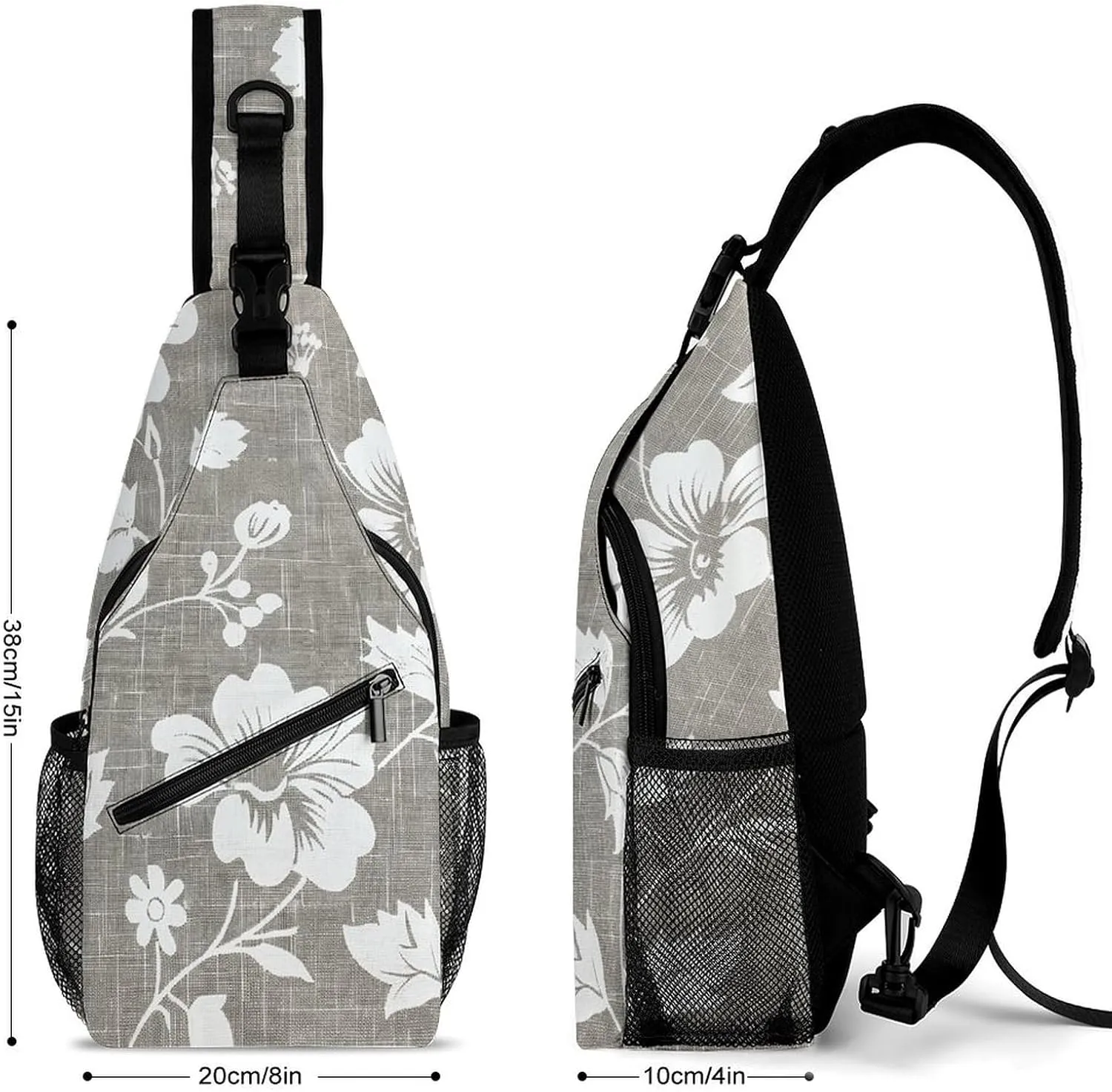 Sling Bag for Women Men Daypack Gray Linen Print Chest Bag Crossbody Backpack for Hiking Travel