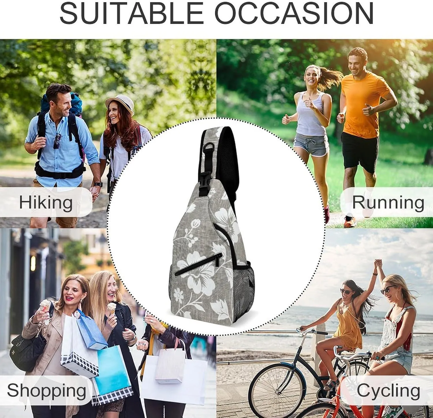 Sling Bag for Women Men Daypack Gray Linen Print Chest Bag Crossbody Backpack for Hiking Travel