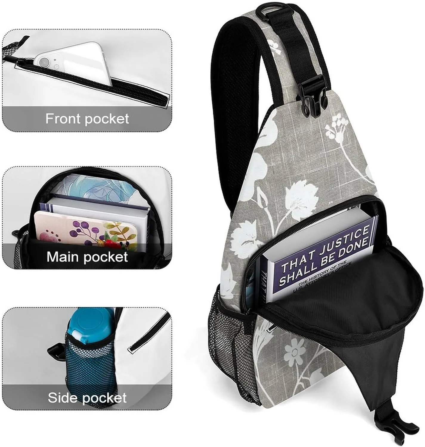 Sling Bag for Women Men Daypack Gray Linen Print Chest Bag Crossbody Backpack for Hiking Travel