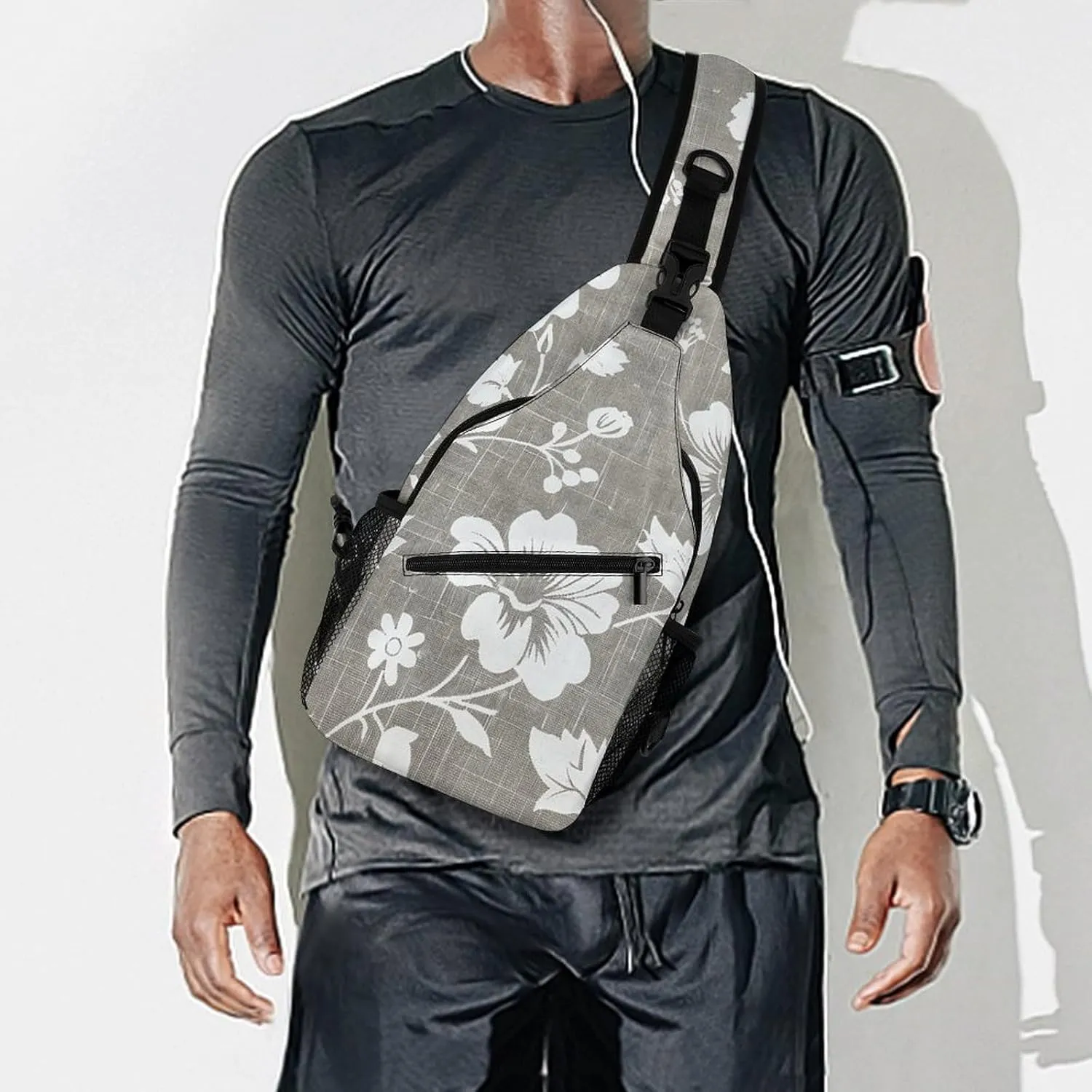 Sling Bag for Women Men Daypack Gray Linen Print Chest Bag Crossbody Backpack for Hiking Travel