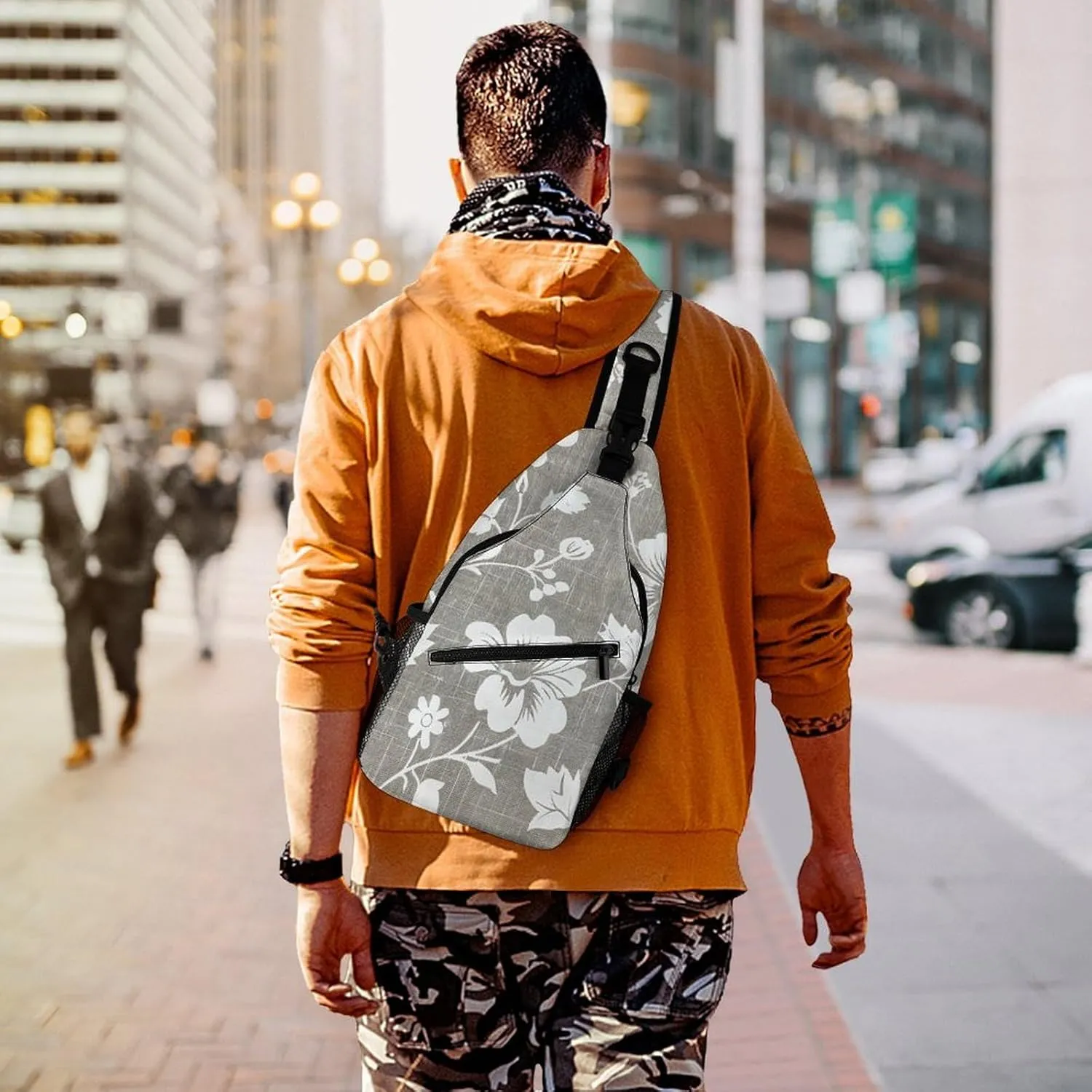 Sling Bag for Women Men Daypack Gray Linen Print Chest Bag Crossbody Backpack for Hiking Travel