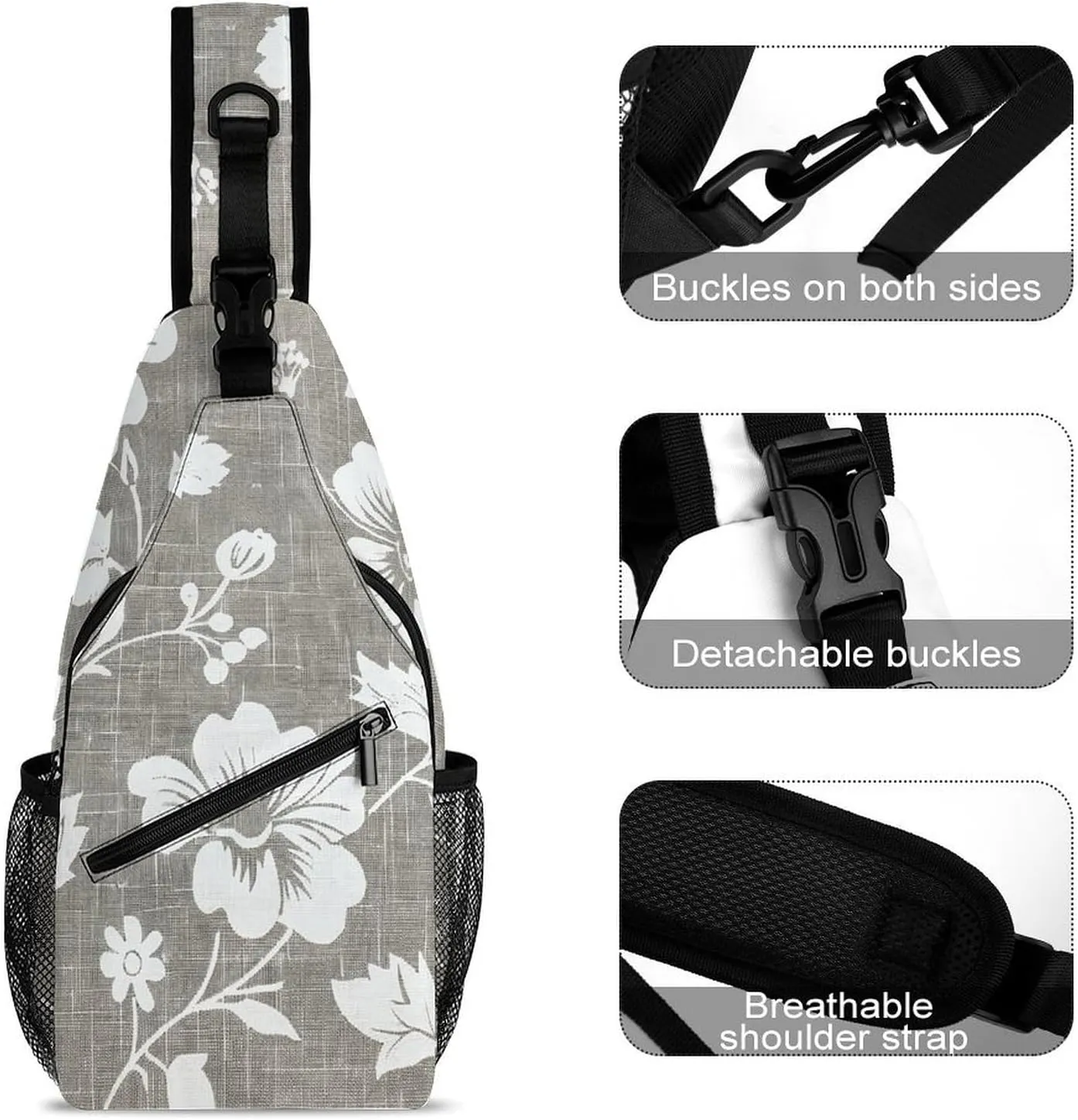 Sling Bag for Women Men Daypack Gray Linen Print Chest Bag Crossbody Backpack for Hiking Travel