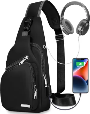 Sling Bag for Women Mens Crossbody Bag, Chest Bag Sling Backpack with USB Charging Port for Walking Hiking