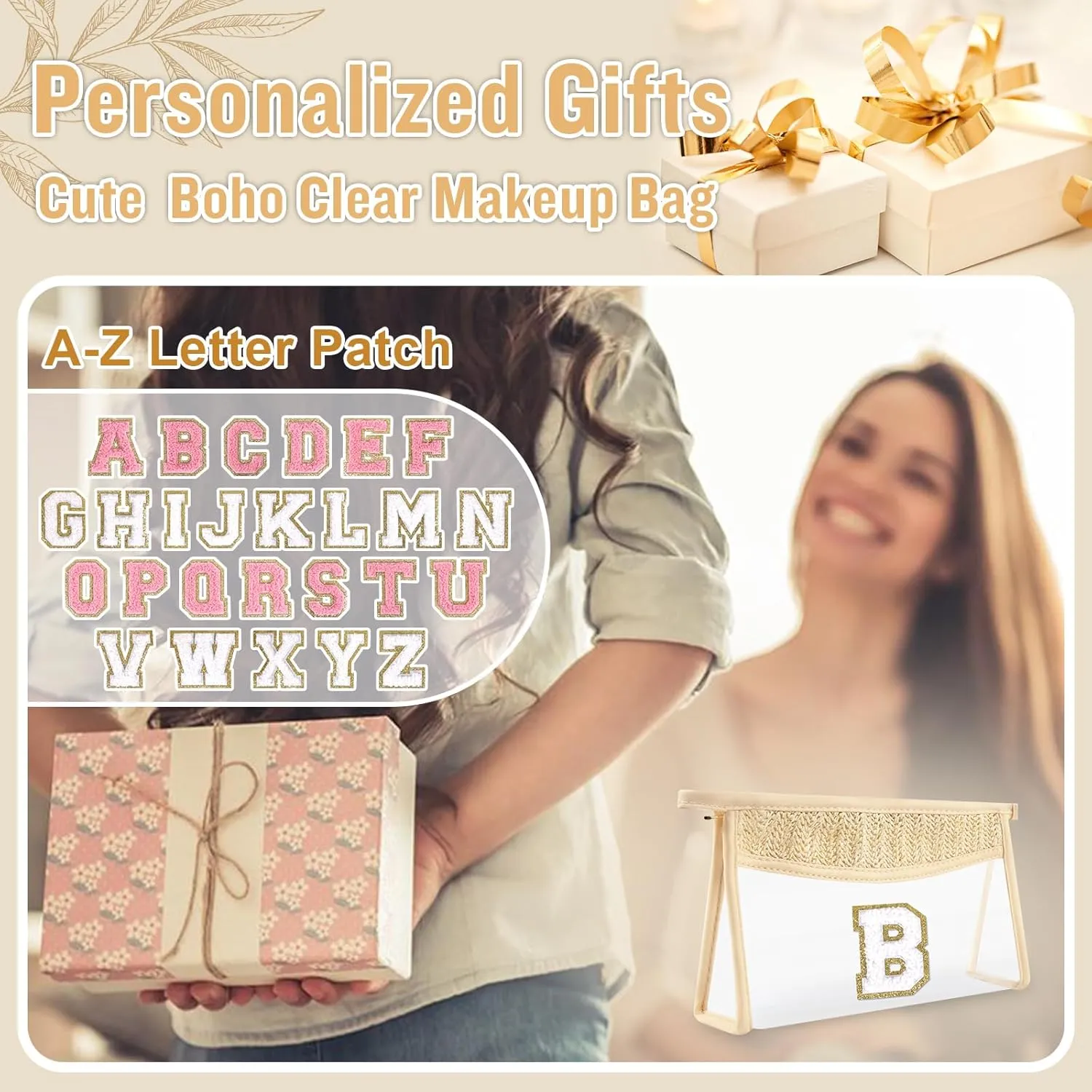 Small Boho Straw Clear Makeup Bag Personalized Initial Letter Pouch, Cute Preppy Chenille Varsity Letter Cosmetic Zipper Pouch, Monogrammed Transparent Travel Beige Make Up Storage for Women(Letter B)