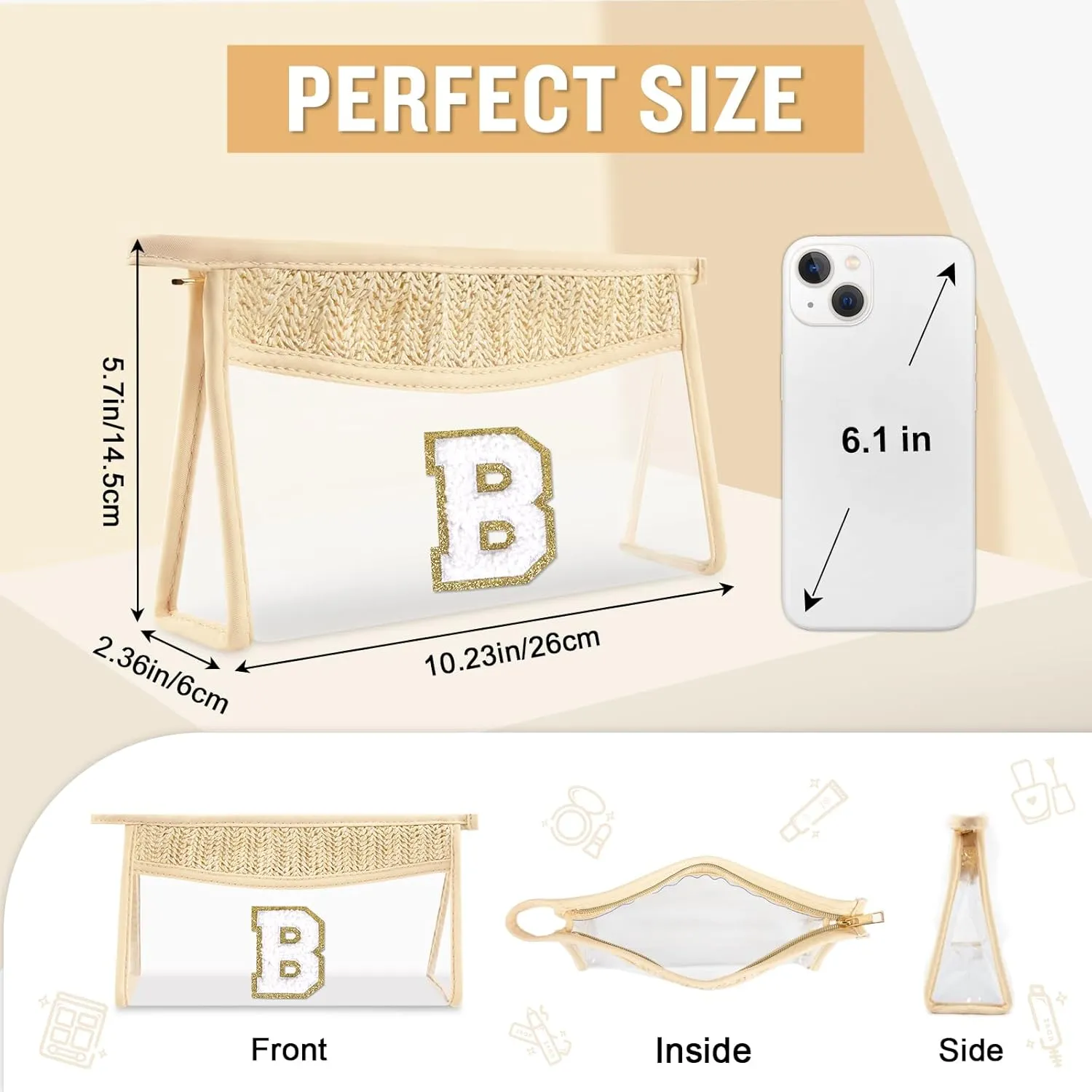 Small Boho Straw Clear Makeup Bag Personalized Initial Letter Pouch, Cute Preppy Chenille Varsity Letter Cosmetic Zipper Pouch, Monogrammed Transparent Travel Beige Make Up Storage for Women(Letter B)
