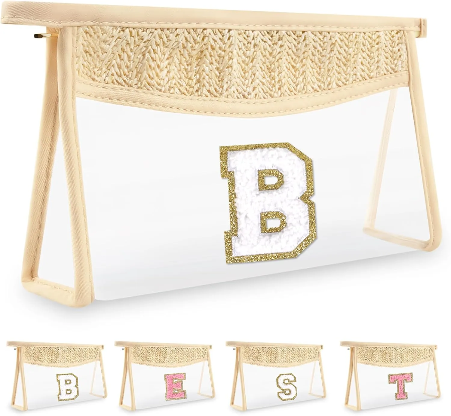 Small Boho Straw Clear Makeup Bag Personalized Initial Letter Pouch, Cute Preppy Chenille Varsity Letter Cosmetic Zipper Pouch, Monogrammed Transparent Travel Beige Make Up Storage for Women(Letter B)