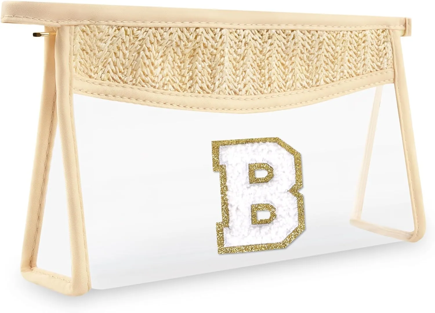 Small Boho Straw Clear Makeup Bag Personalized Initial Letter Pouch, Cute Preppy Chenille Varsity Letter Cosmetic Zipper Pouch, Monogrammed Transparent Travel Beige Make Up Storage for Women(Letter B)