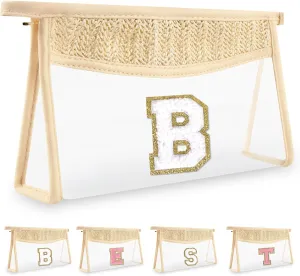 Small Boho Straw Clear Makeup Bag Personalized Initial Letter Pouch, Cute Preppy Chenille Varsity Letter Cosmetic Zipper Pouch, Monogrammed Transparent Travel Beige Make Up Storage for Women(Letter B)