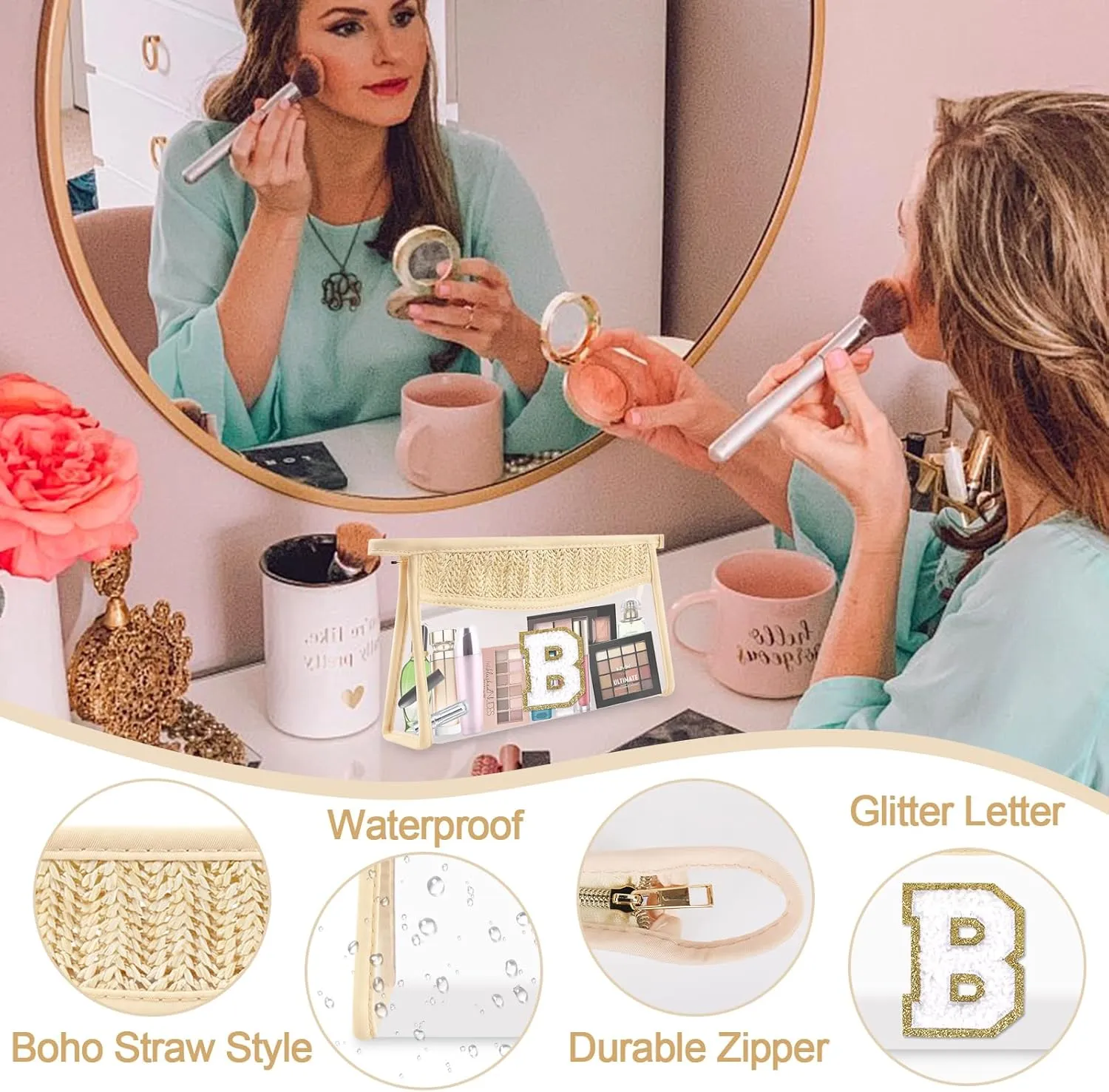 Small Boho Straw Clear Makeup Bag Personalized Initial Letter Pouch, Cute Preppy Chenille Varsity Letter Cosmetic Zipper Pouch, Monogrammed Transparent Travel Beige Make Up Storage for Women(Letter B)