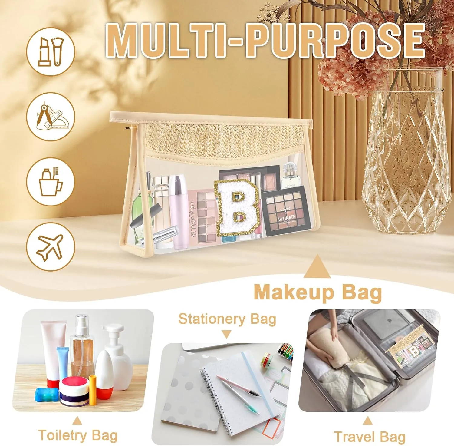Small Boho Straw Clear Makeup Bag Personalized Initial Letter Pouch, Cute Preppy Chenille Varsity Letter Cosmetic Zipper Pouch, Monogrammed Transparent Travel Beige Make Up Storage for Women(Letter B)