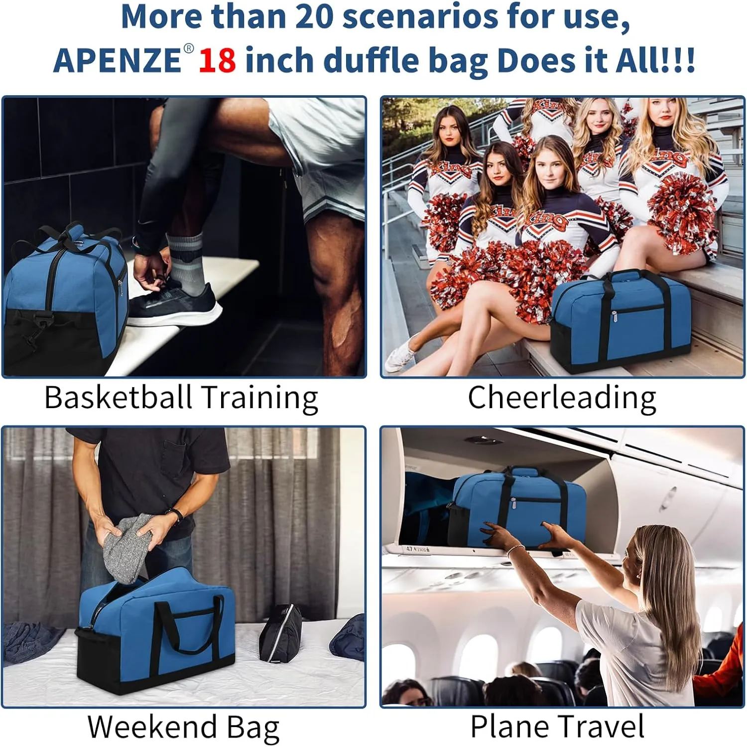 Small Gym Bag 18 inch Carry On Duffel Bag for Weekender Travel - Blue