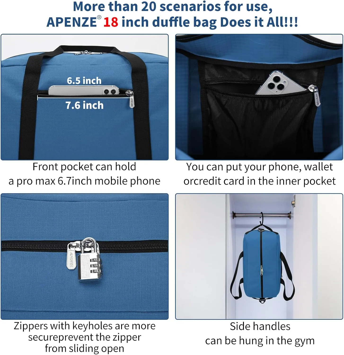 Small Gym Bag 18 inch Carry On Duffel Bag for Weekender Travel - Blue