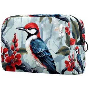 Small Makeup Bag Pouch for Purse, Travel Cosmetic Bag, Portable Toiletry Bag for Women Girls Gifts - Woodpecker Bird on Red Berries Branch