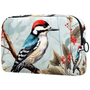Small Makeup Bag Pouch for Purse, Travel Cosmetic Bag, Portable Toiletry Bag for Women Girls Gifts - Woodpecker Bird on Red Berries Branch