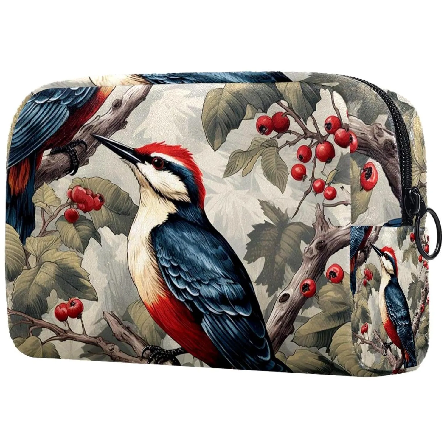 Small Makeup Bag Pouch for Purse, Travel Cosmetic Bag, Portable Toiletry Bag for Women Girls Gifts - Woodpecker Bird on Red Berries Branch