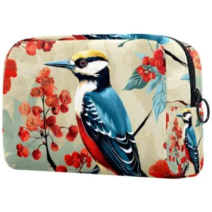 Small Makeup Bag Pouch for Purse, Travel Cosmetic Bag, Portable Toiletry Bag for Women Girls Gifts - Woodpecker Bird on Red Berries Branch