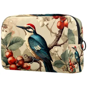 Small Makeup Bag Pouch for Purse, Travel Cosmetic Bag, Portable Toiletry Bag for Women Girls Gifts - Woodpecker Bird on Red Berries Branch