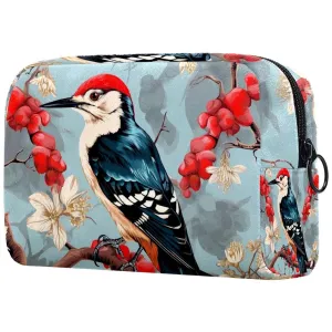 Small Makeup Bag Pouch for Purse, Travel Cosmetic Bag, Portable Toiletry Bag for Women Girls Gifts - Woodpecker Bird on Red Berries Branch