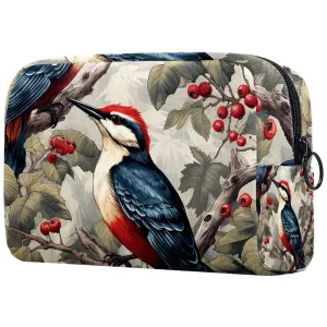 Small Makeup Bag Pouch for Purse, Travel Cosmetic Bag, Portable Toiletry Bag for Women Girls Gifts - Woodpecker Bird on Red Berries Branch