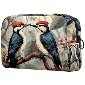 Small Makeup Bag Pouch for Purse, Travel Cosmetic Bag, Portable Toiletry Bag for Women Girls Gifts - Woodpecker Bird on Red Berries Branch