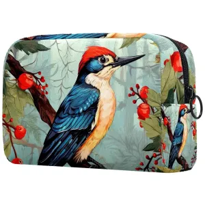 Small Makeup Bag Pouch for Purse, Travel Cosmetic Bag, Portable Toiletry Bag for Women Girls Gifts - Woodpecker Bird on Red Berries Branch