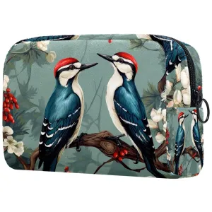 Small Makeup Bag Pouch for Purse, Travel Cosmetic Bag, Portable Toiletry Bag for Women Girls Gifts - Woodpecker Bird on Red Berries Branch