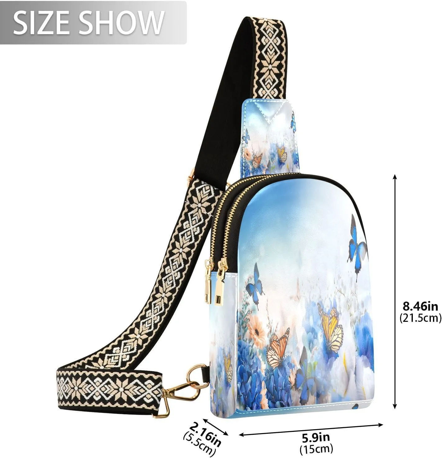 Small Sling Bag for Women Crossbody Blue Butterfly Floral Trendy Crossbody Bag Fanny Pack with Guitar Strap Spring Flower Leather Chest Bag for Women Travel Outdoor Outfit