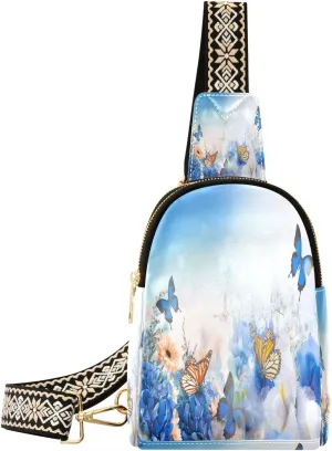 Small Sling Bag for Women Crossbody Blue Butterfly Floral Trendy Crossbody Bag Fanny Pack with Guitar Strap Spring Flower Leather Chest Bag for Women Travel Outdoor Outfit