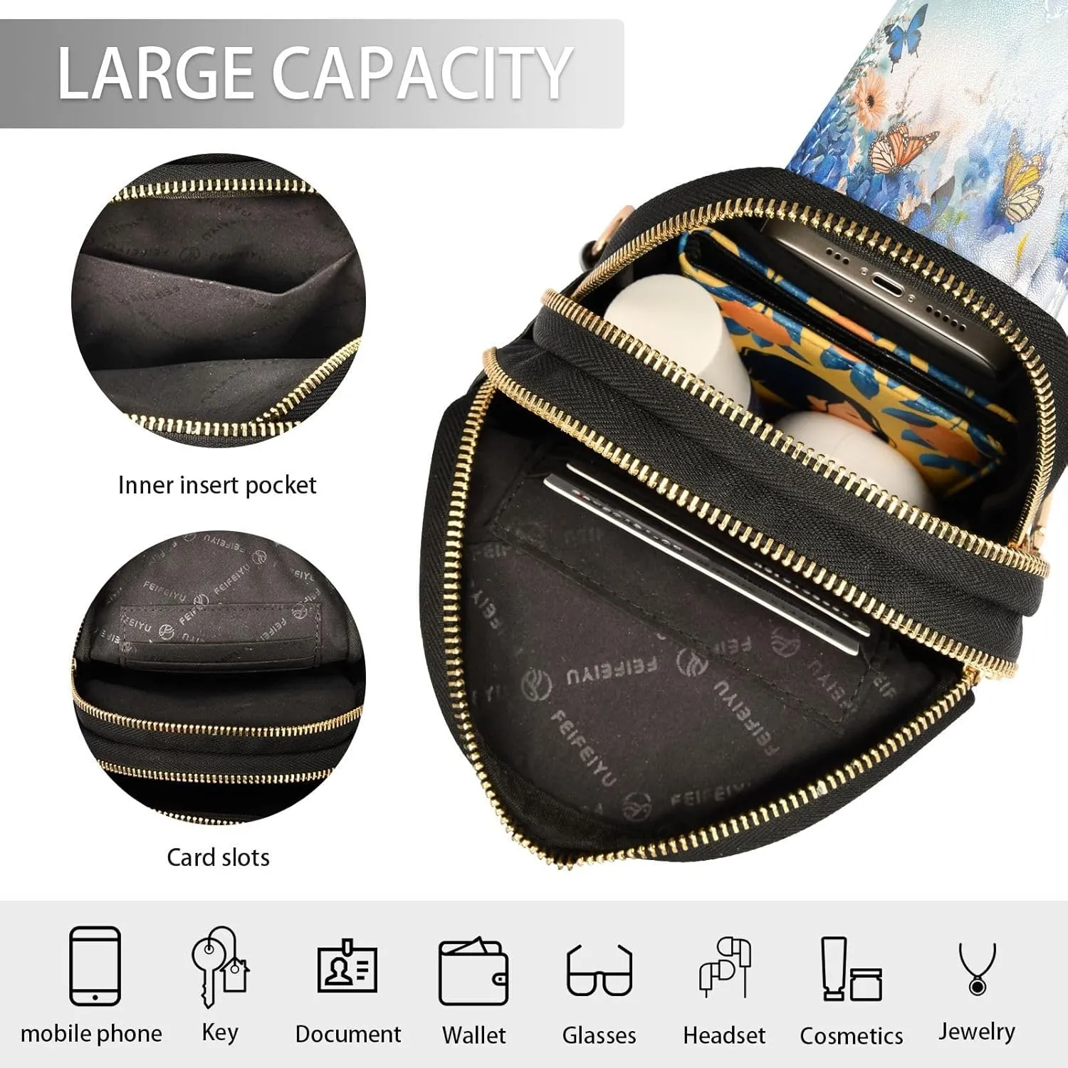 Small Sling Bag for Women Crossbody Blue Butterfly Floral Trendy Crossbody Bag Fanny Pack with Guitar Strap Spring Flower Leather Chest Bag for Women Travel Outdoor Outfit