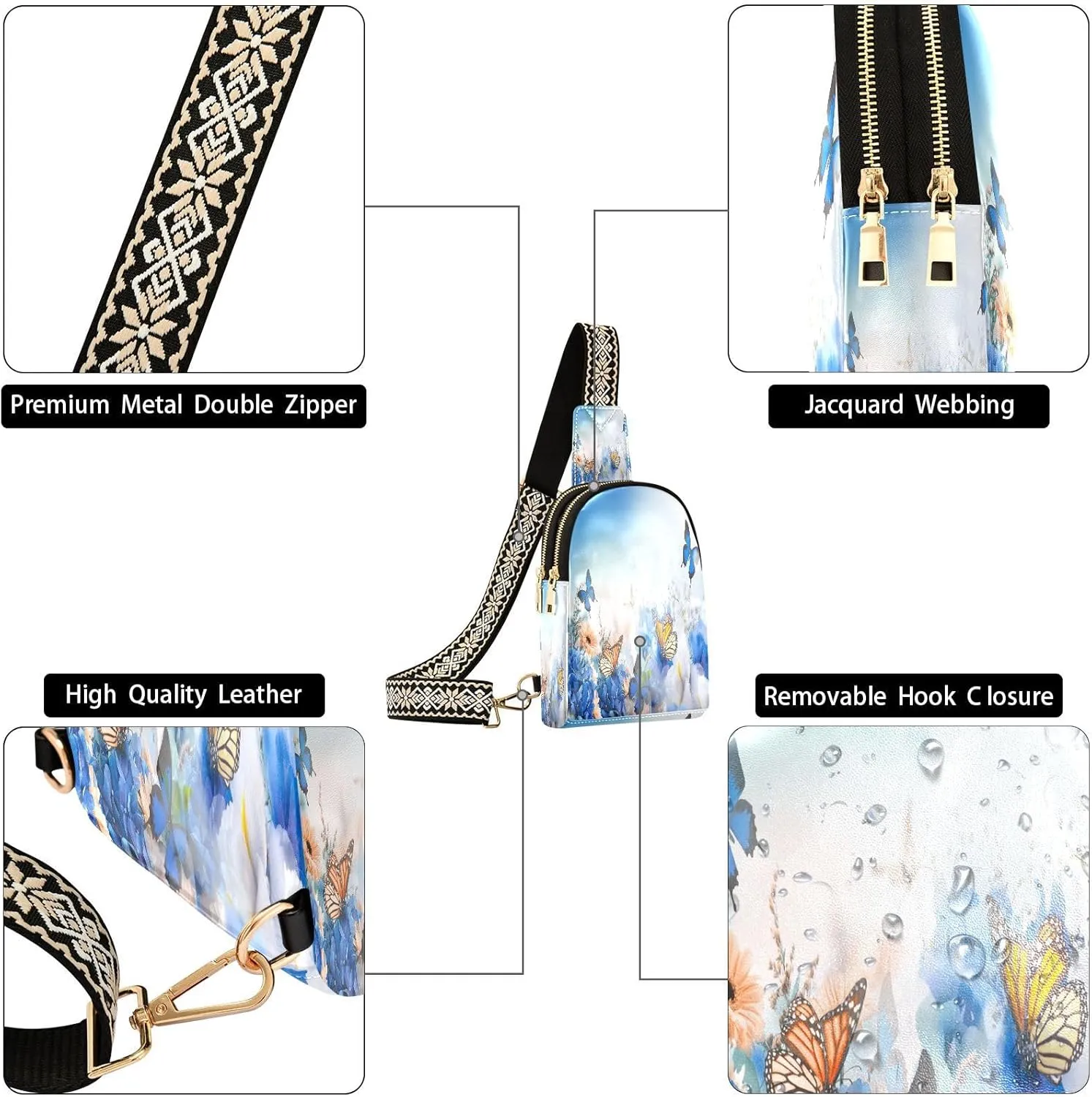Small Sling Bag for Women Crossbody Blue Butterfly Floral Trendy Crossbody Bag Fanny Pack with Guitar Strap Spring Flower Leather Chest Bag for Women Travel Outdoor Outfit