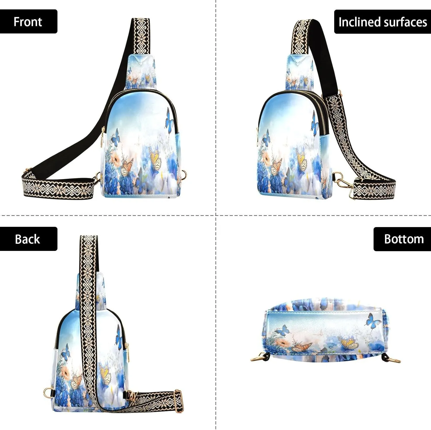 Small Sling Bag for Women Crossbody Blue Butterfly Floral Trendy Crossbody Bag Fanny Pack with Guitar Strap Spring Flower Leather Chest Bag for Women Travel Outdoor Outfit