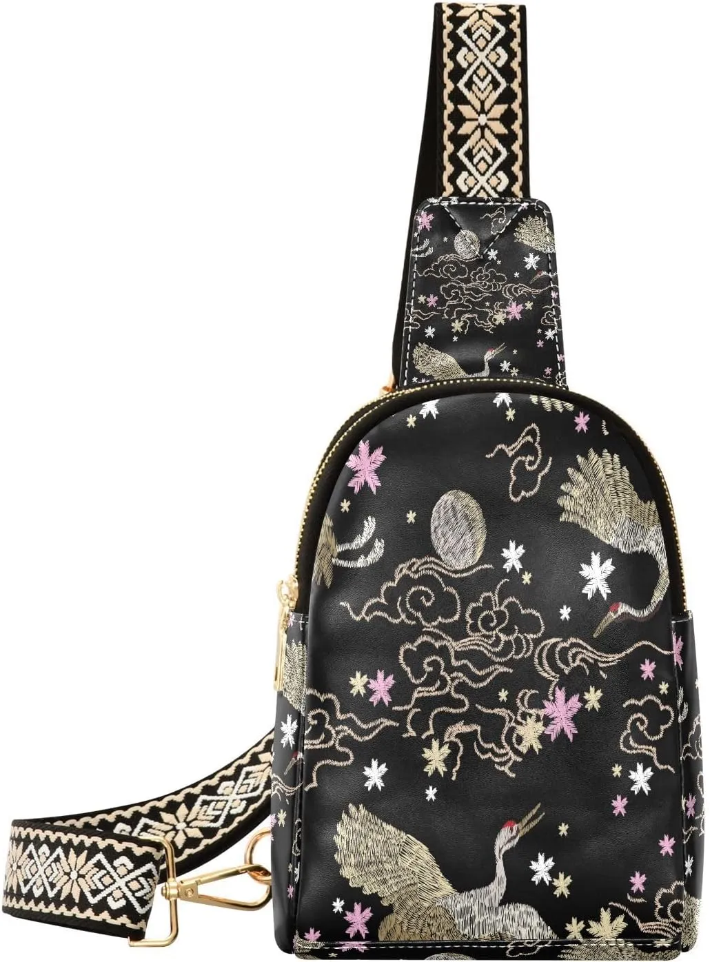 Small Sling Bag for Women Crossbody Japanese Crane Flowers Plant Fashion Leather Crossbody Bag for Women Embroidery Style Trendy Crossbody Purse Fanny Pack with Adjustable Guitar Strap Outfit
