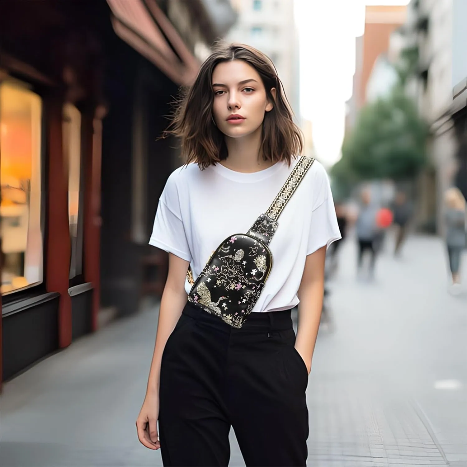 Small Sling Bag for Women Crossbody Japanese Crane Flowers Plant Fashion Leather Crossbody Bag for Women Embroidery Style Trendy Crossbody Purse Fanny Pack with Adjustable Guitar Strap Outfit