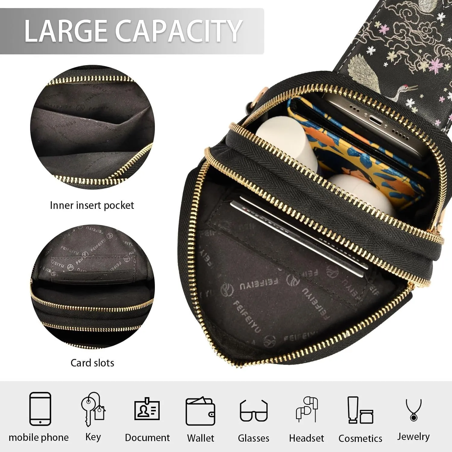 Small Sling Bag for Women Crossbody Japanese Crane Flowers Plant Fashion Leather Crossbody Bag for Women Embroidery Style Trendy Crossbody Purse Fanny Pack with Adjustable Guitar Strap Outfit