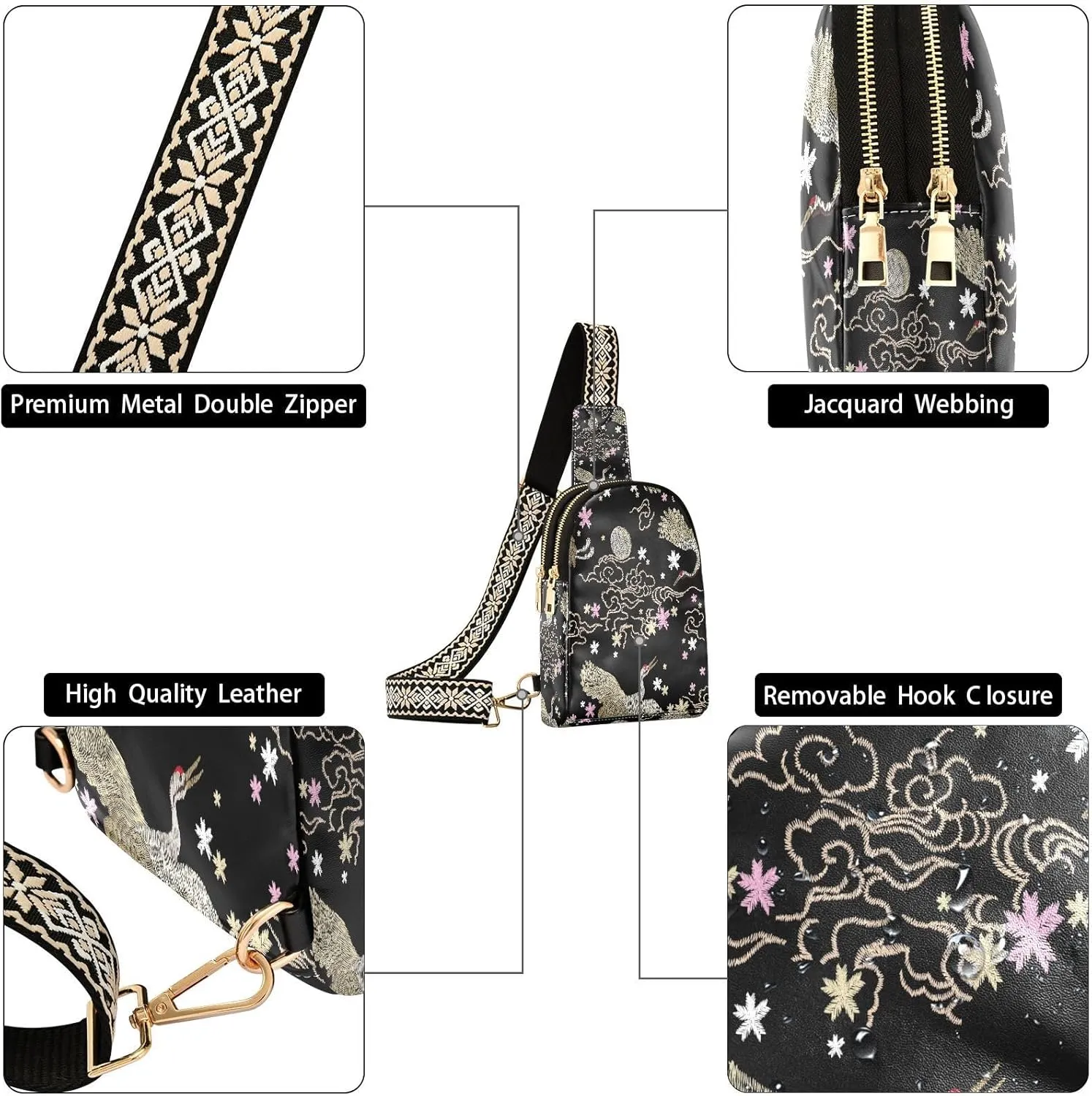 Small Sling Bag for Women Crossbody Japanese Crane Flowers Plant Fashion Leather Crossbody Bag for Women Embroidery Style Trendy Crossbody Purse Fanny Pack with Adjustable Guitar Strap Outfit