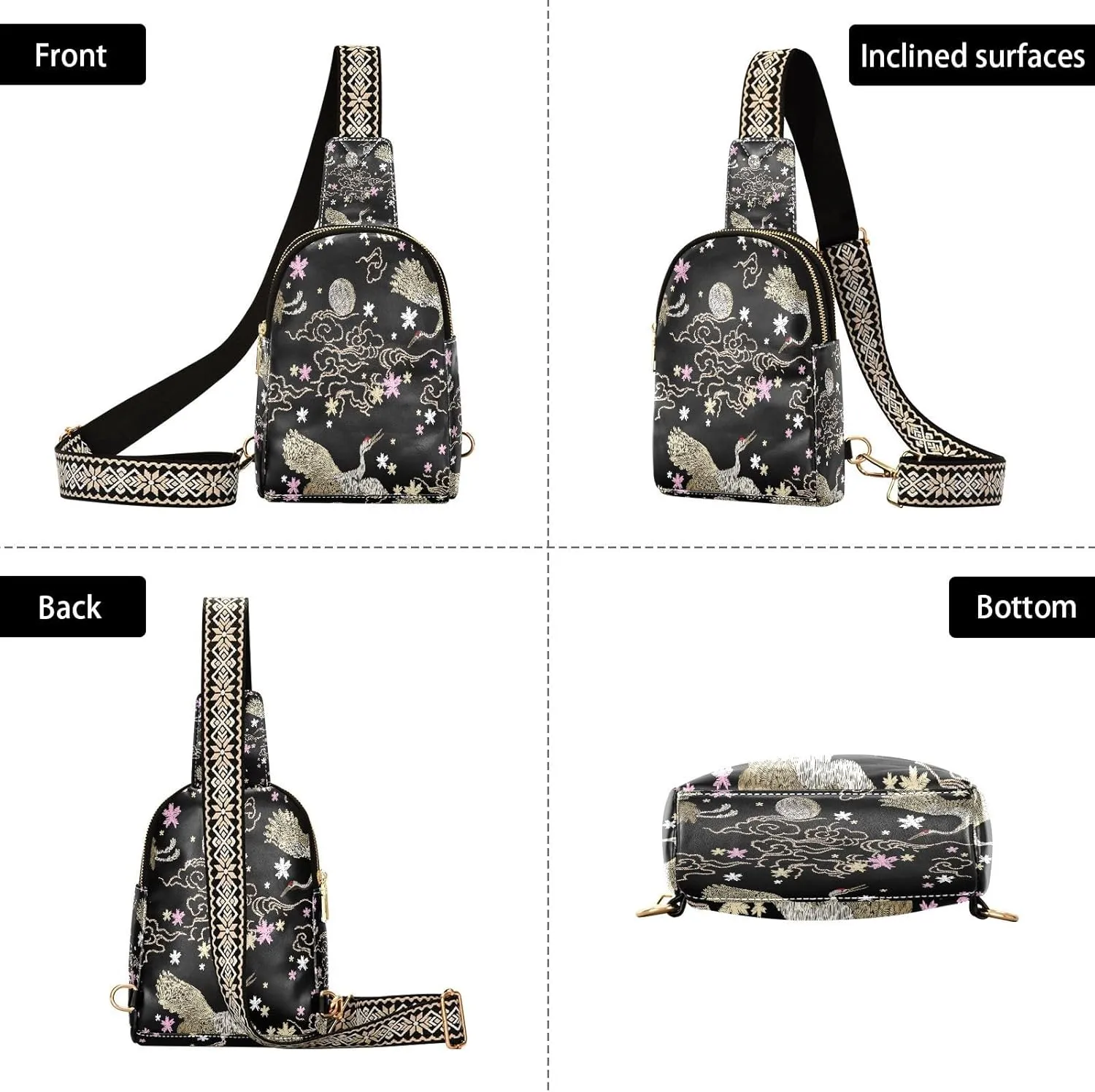 Small Sling Bag for Women Crossbody Japanese Crane Flowers Plant Fashion Leather Crossbody Bag for Women Embroidery Style Trendy Crossbody Purse Fanny Pack with Adjustable Guitar Strap Outfit