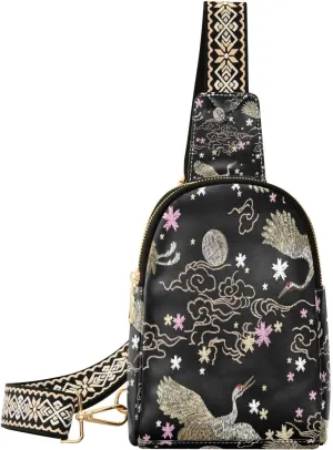 Small Sling Bag for Women Crossbody Japanese Crane Flowers Plant Fashion Leather Crossbody Bag for Women Embroidery Style Trendy Crossbody Purse Fanny Pack with Adjustable Guitar Strap Outfit