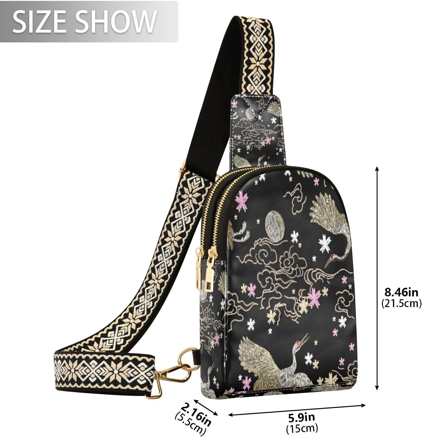 Small Sling Bag for Women Crossbody Japanese Crane Flowers Plant Fashion Leather Crossbody Bag for Women Embroidery Style Trendy Crossbody Purse Fanny Pack with Adjustable Guitar Strap Outfit