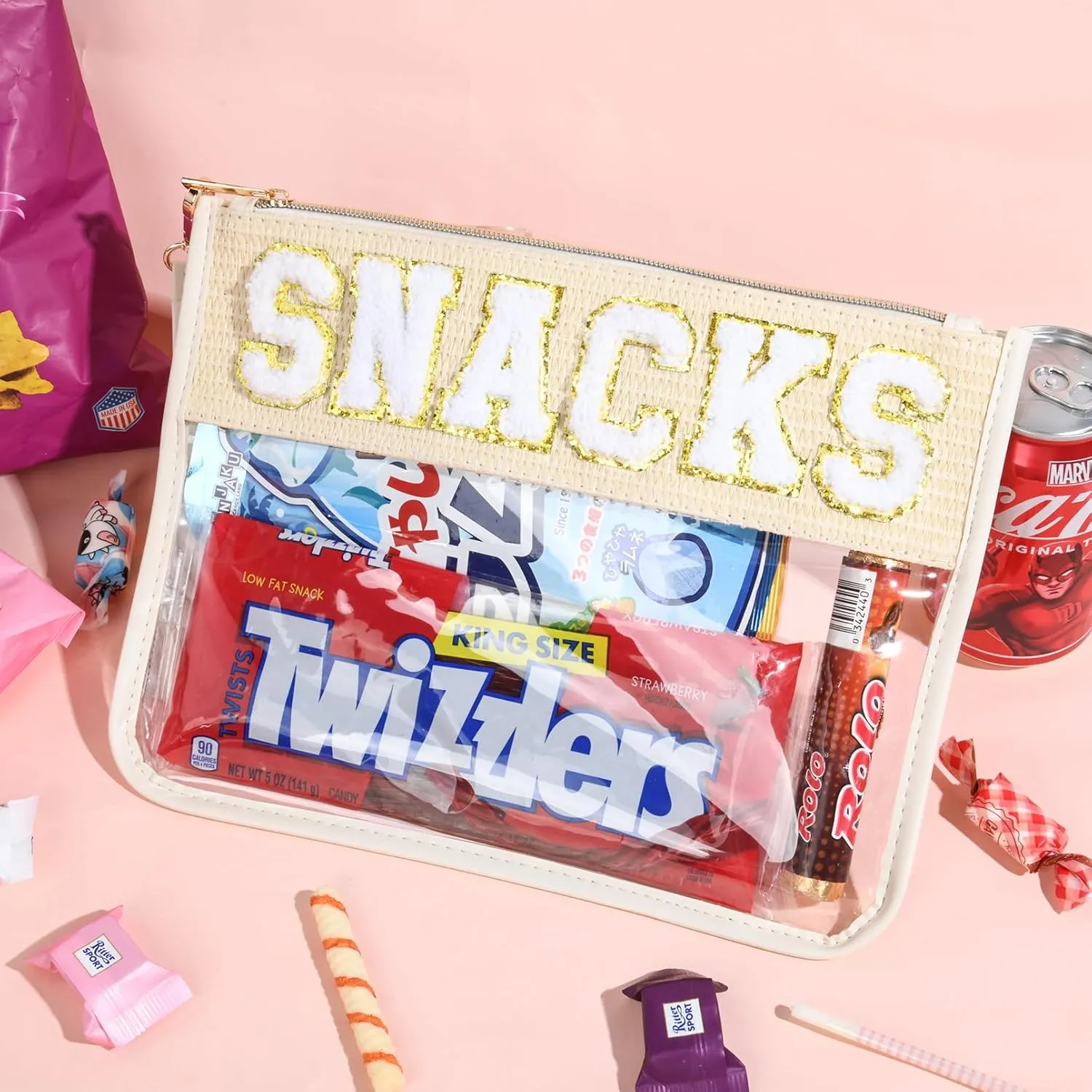 Snack Bag Clear Chenille Letter Pouch Travel Bag Zipper Nylon Snacks Organizer Cosmetic Pouch Toiletry Waterproof Travel Gifts for Women