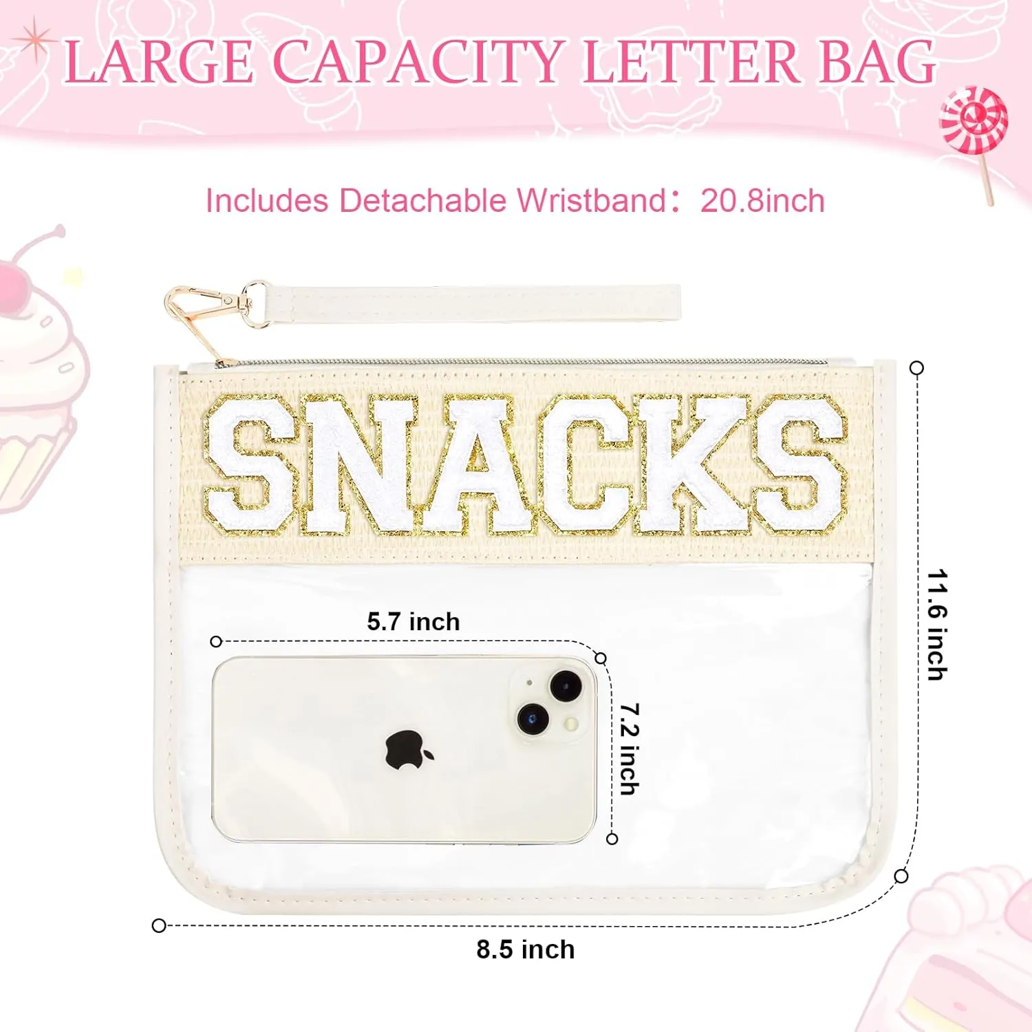 Snack Bag Clear Chenille Letter Pouch Travel Bag Zipper Nylon Snacks Organizer Cosmetic Pouch Toiletry Waterproof Travel Gifts for Women