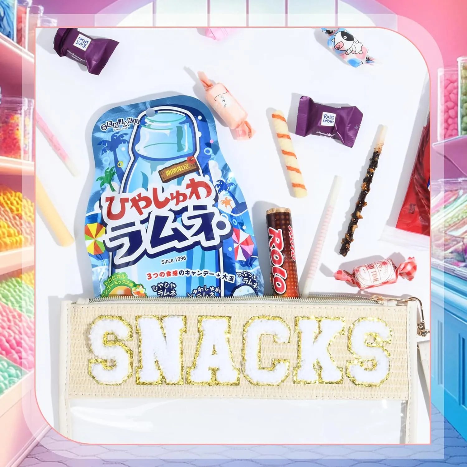 Snack Bag Clear Chenille Letter Pouch Travel Bag Zipper Nylon Snacks Organizer Cosmetic Pouch Toiletry Waterproof Travel Gifts for Women
